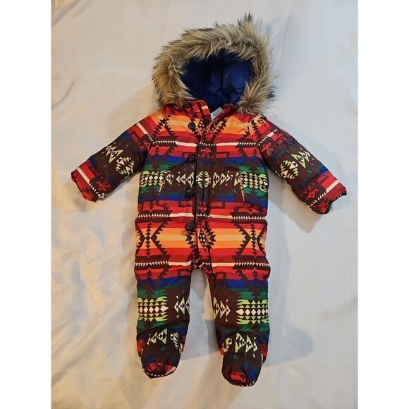 Polo Ralph Lauren Down Puffer Snowsuit Southwest Aztec Faux Fur 9 Mo. - Picture 1 of 10